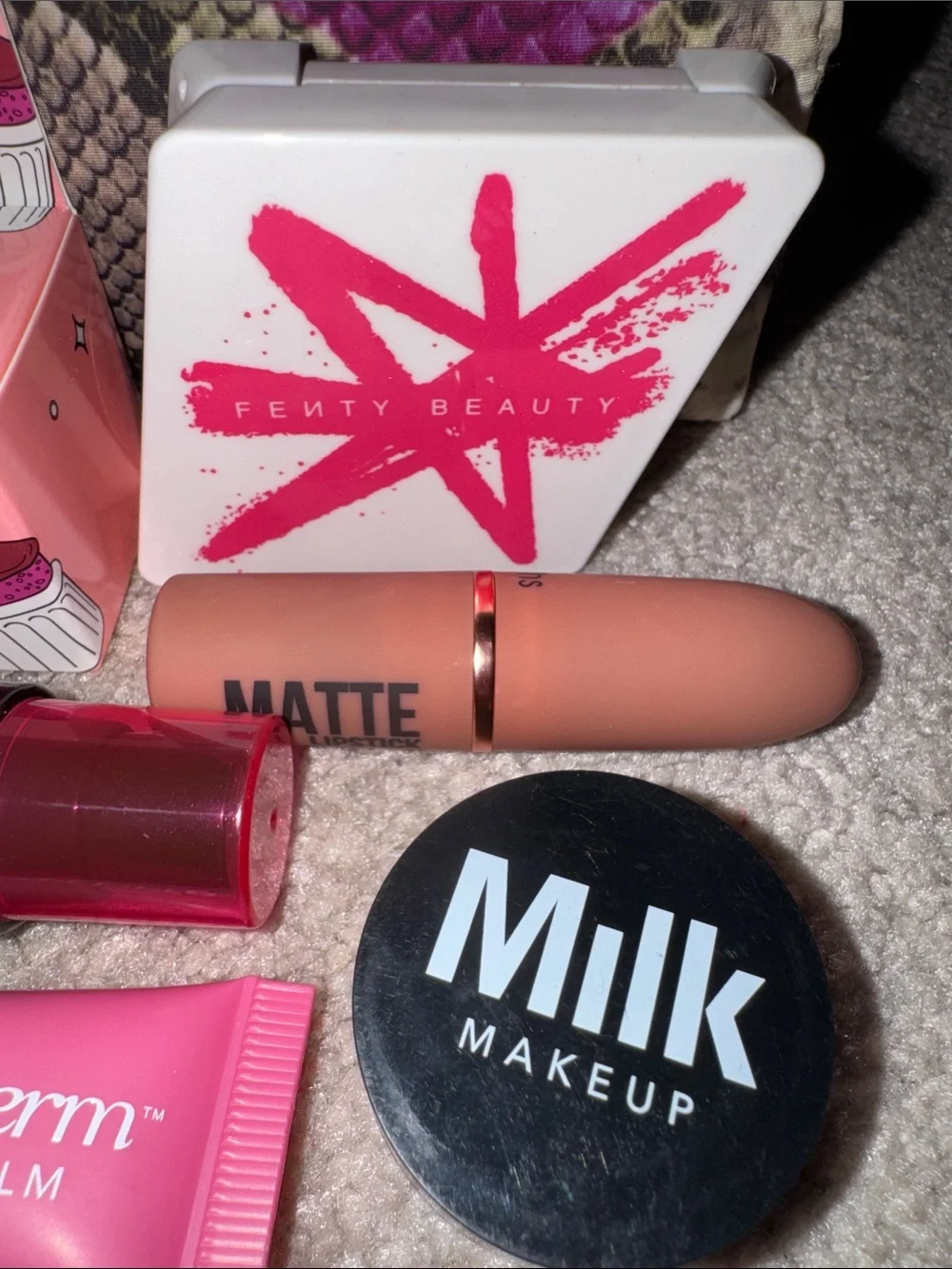 Victoria's Secret Pink & Cream Snake-Print Makeup Pouch with Pink Lip Care Set